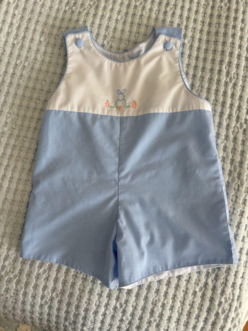 Baby Boy Light Blue Gingham Romper with Bunny Embroidery